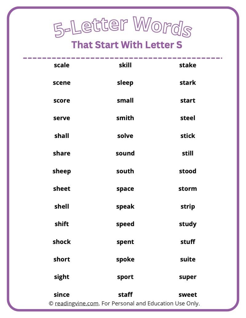 five letter words start with s