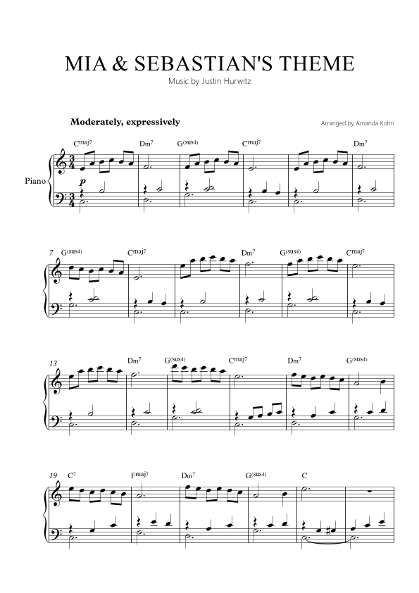 mia & sebastians theme sheet music