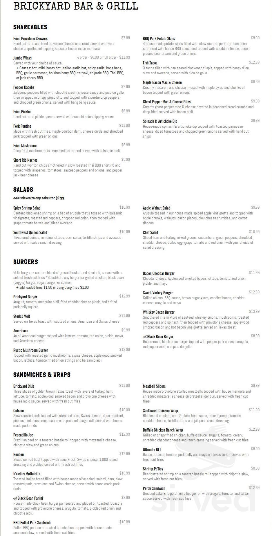 brickyard bar and grill menu