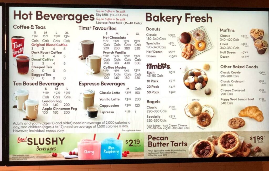 tim horton menu prix