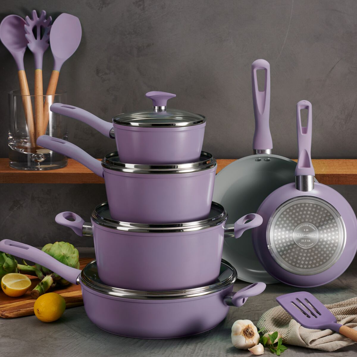 purple saucepans