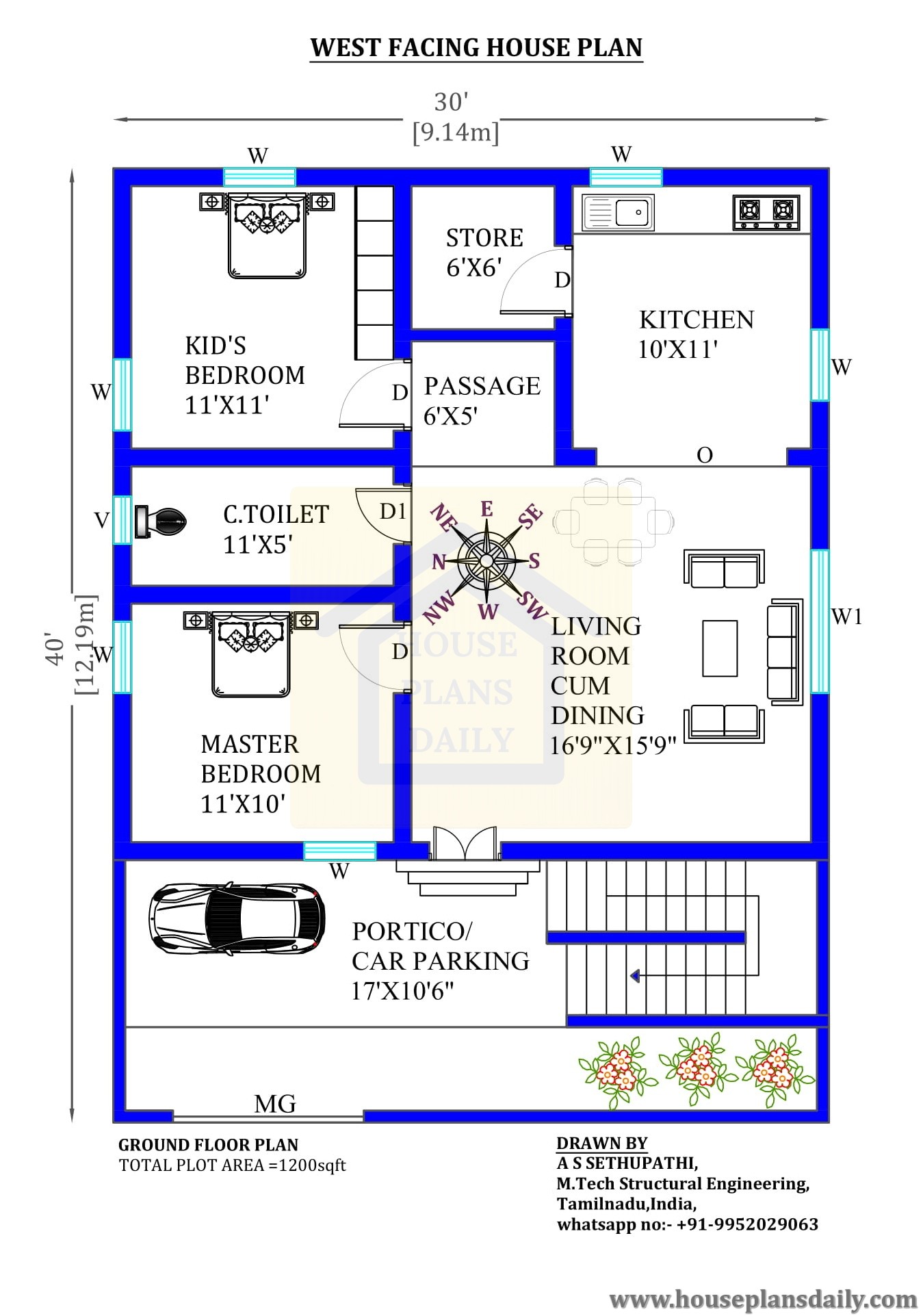 30x40 west facing duplex house plans