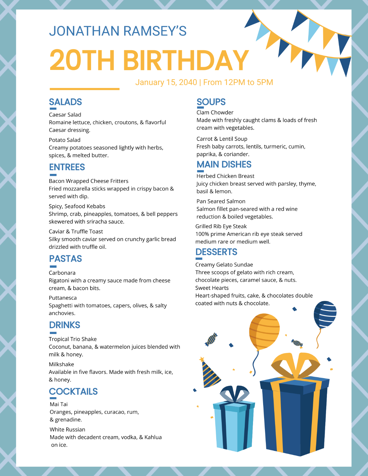 free printable birthday menu templates