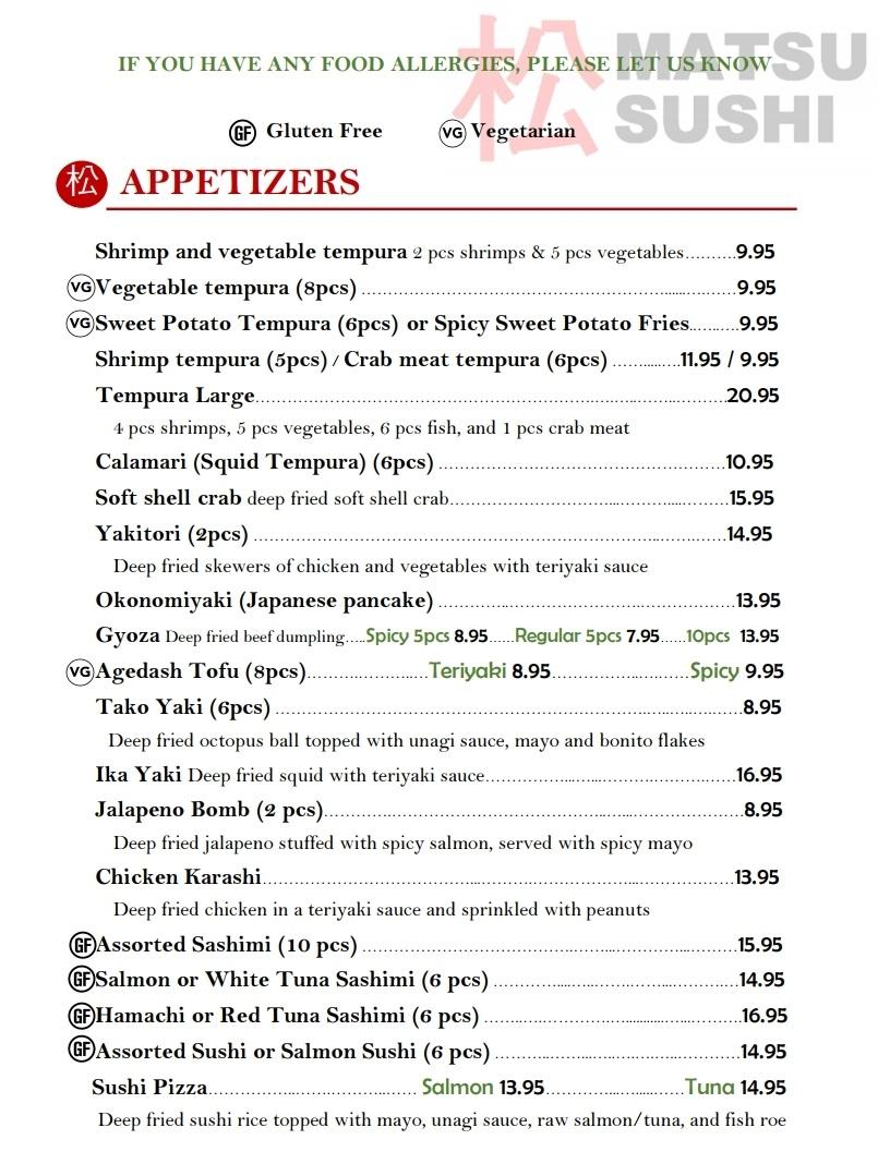 matsu sushi & grill menu