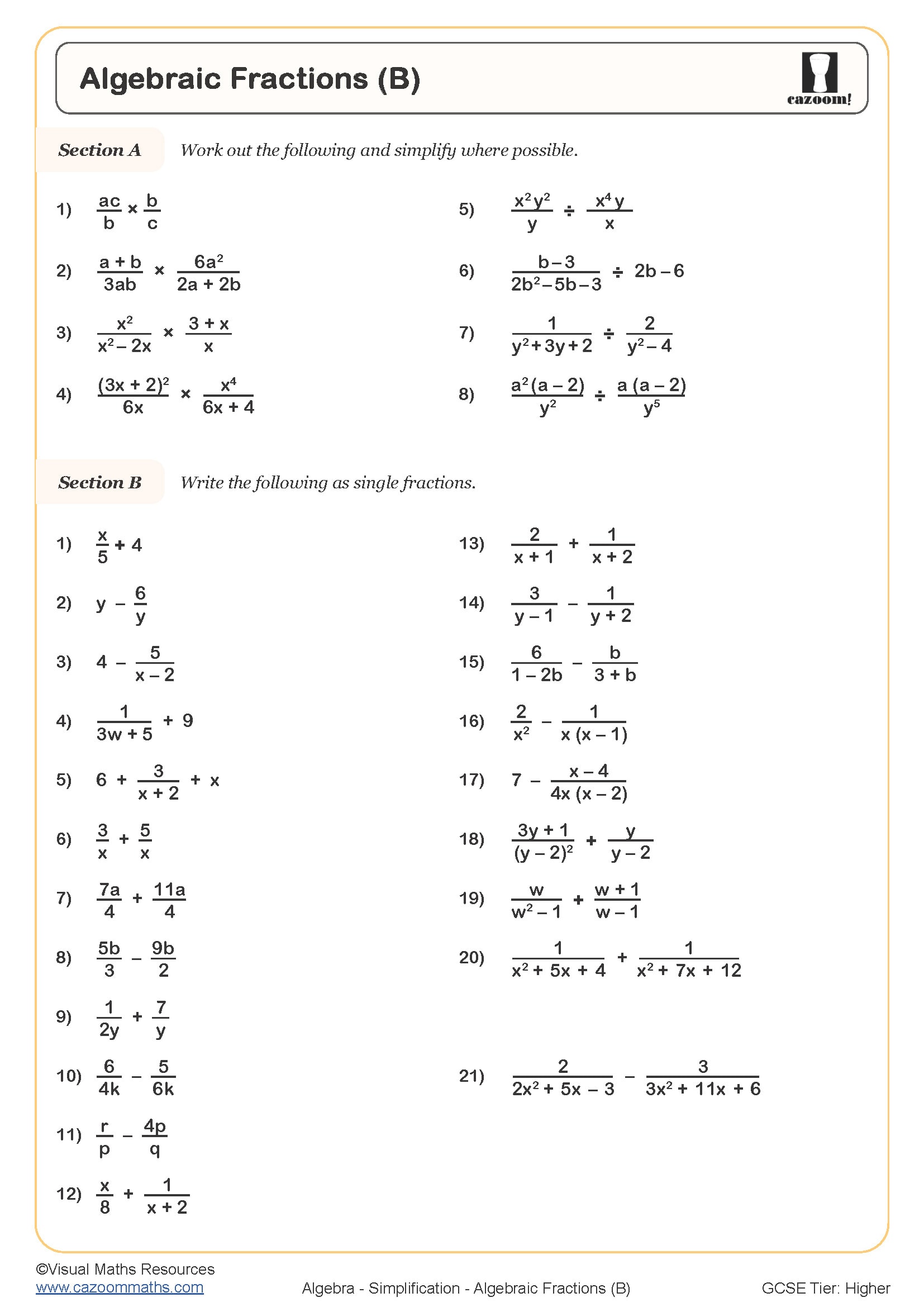 multiplying algebraic fractions worksheet
