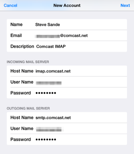 comcast imap settings iphone