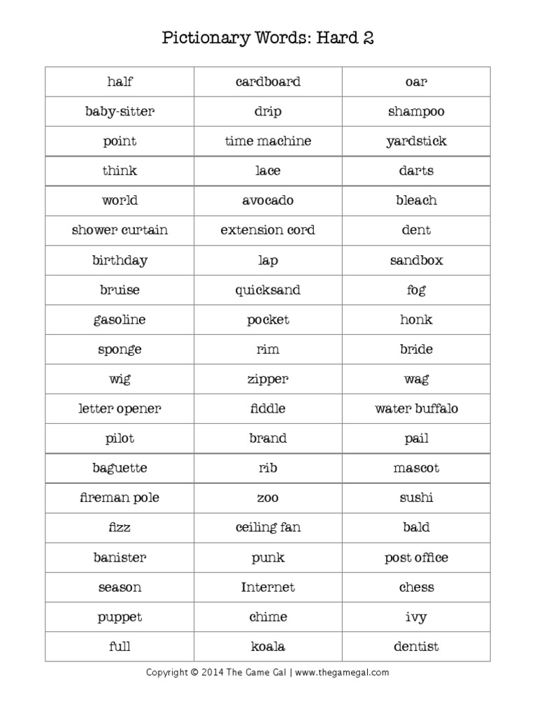 list of words pictionary