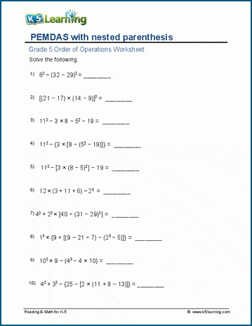 5th grade orders of operation worksheet