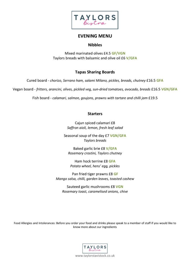 taylors restaurant tavistock menu