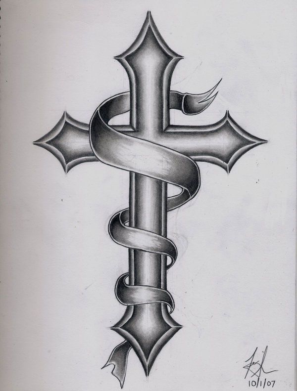 ribbon and cross tattoo