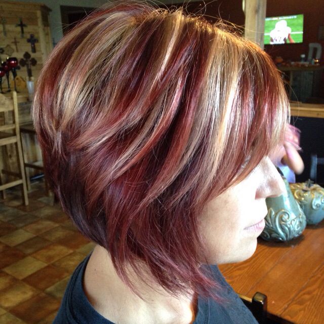 short burgundy hair with highlights