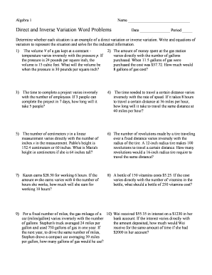 direct and inverse variation word problems worksheet with answers