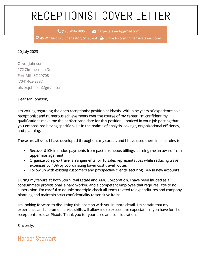 receptionist cover letter no experience