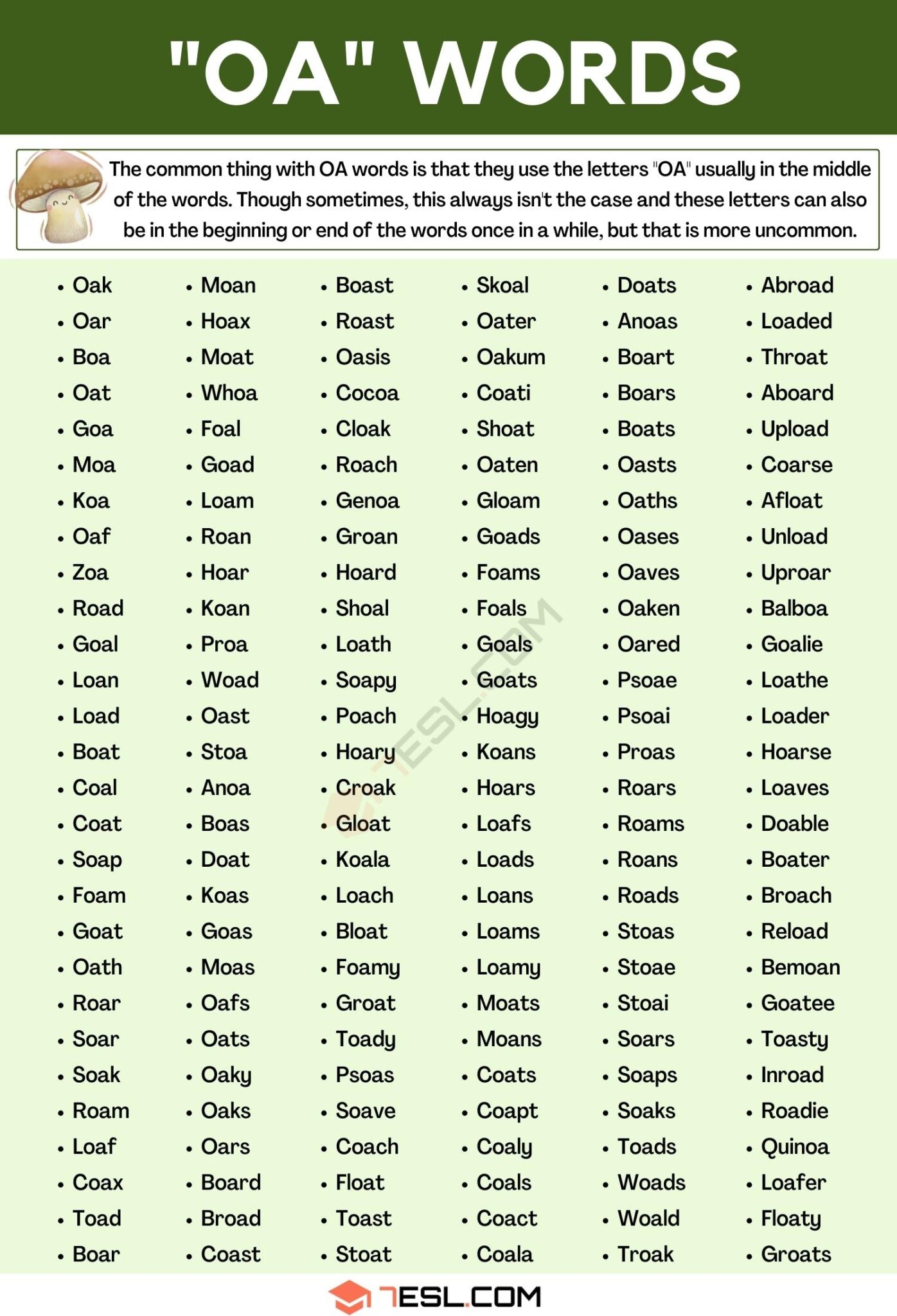 5 letter words ending oa