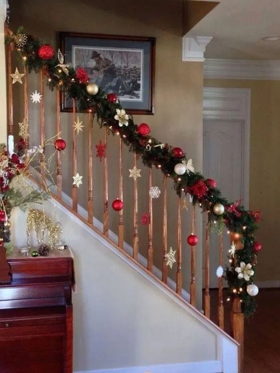 christmas decorations on staircase