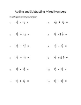 adding and subtracting mixed numbers worksheet