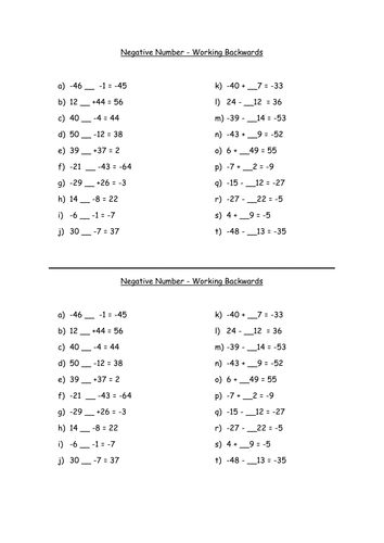 adding and subtracting negative numbers worksheets