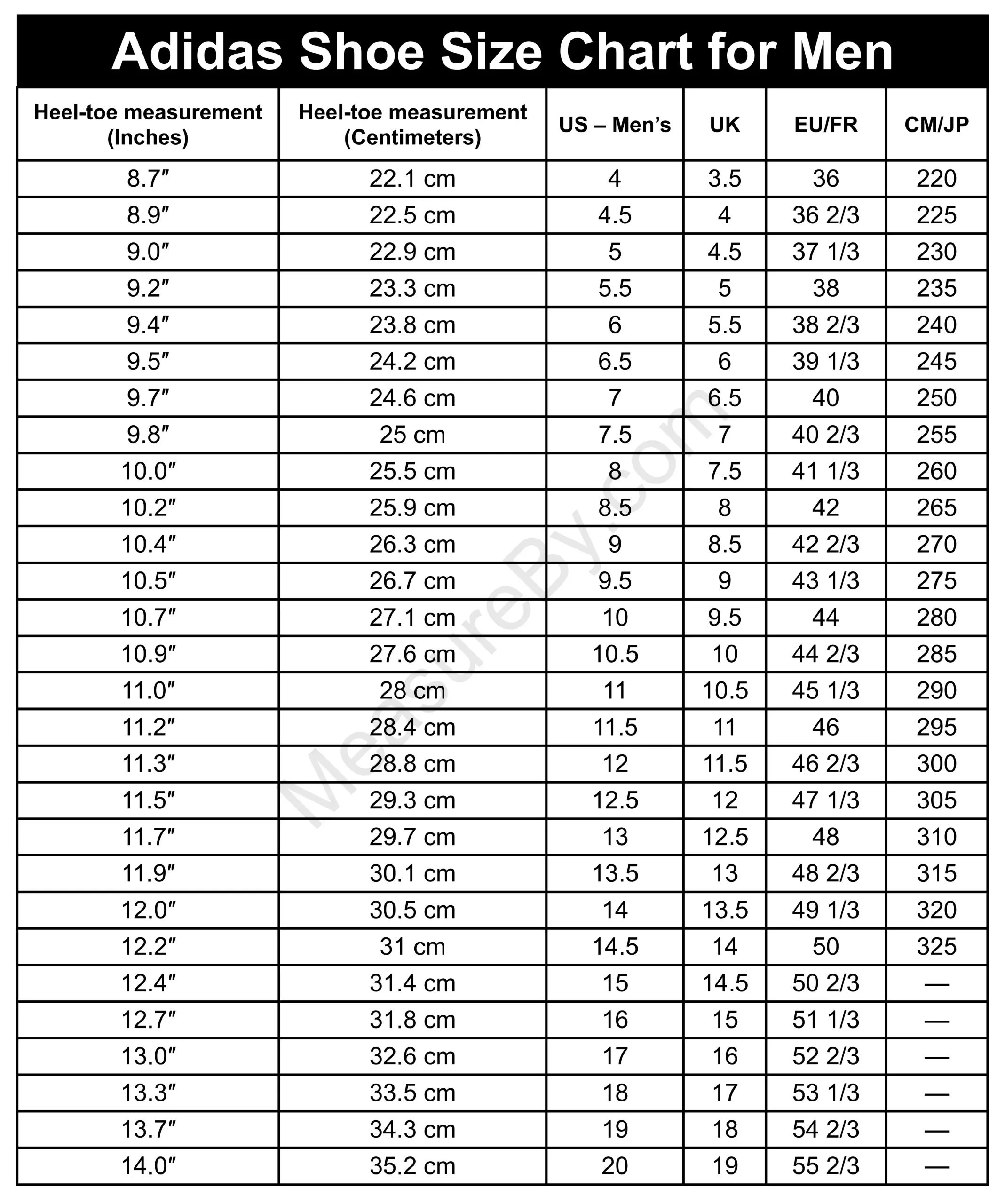 adidas shoe size chart