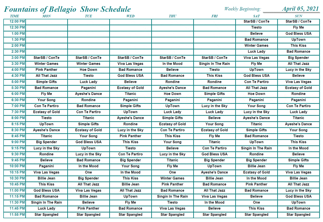 bellagio fountain show times 2022