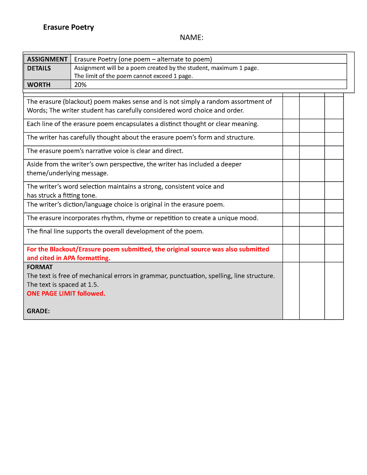 blackout poetry rubric