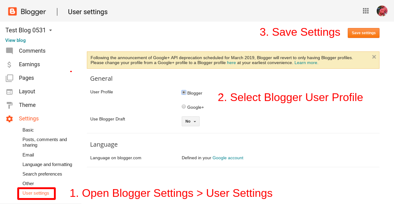 blogger account settings