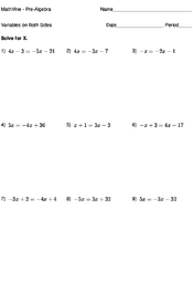 worksheet with variables on both sides