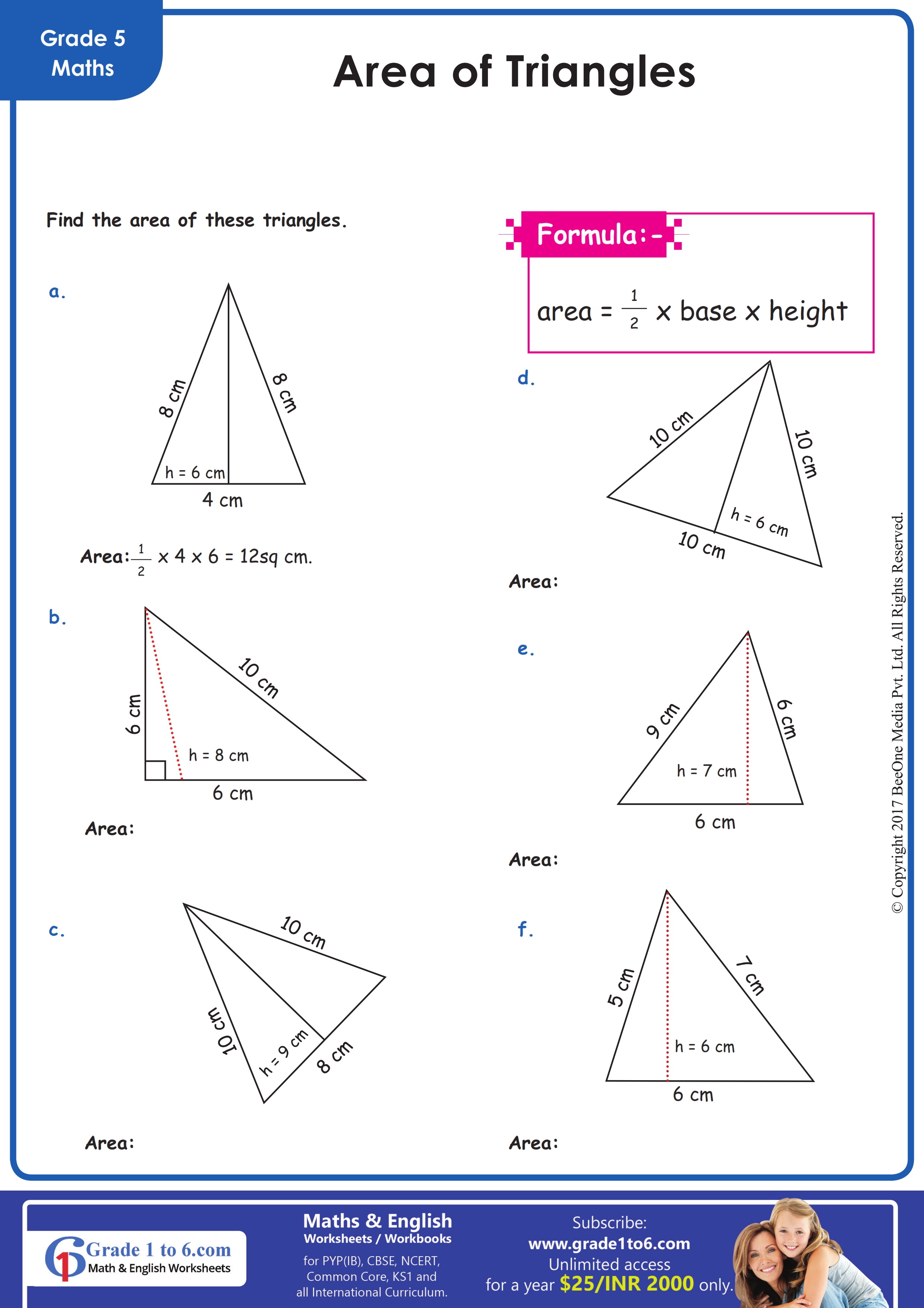 math worksheets area of triangles