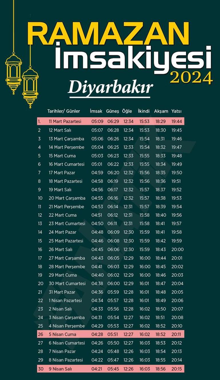 diyarbakır için akşam ezanı kaçta okunuyor