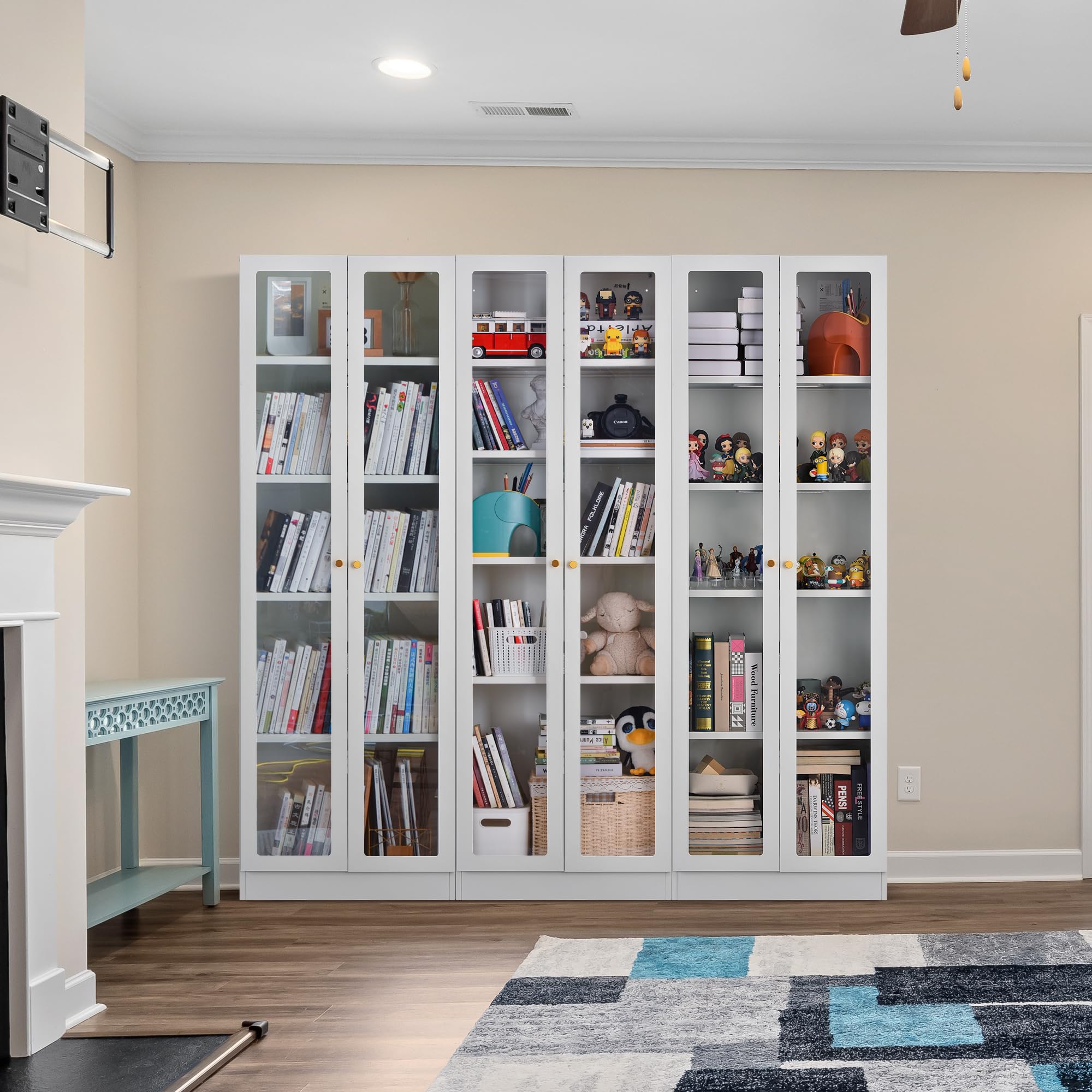 book shelves with glass doors