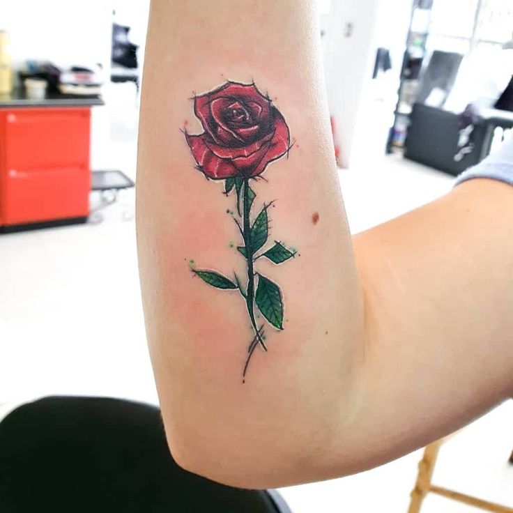 realistic red rose tattoo with stem