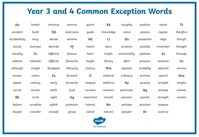 common exception words year 3 and 4