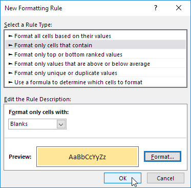 conditional format if cell is blank