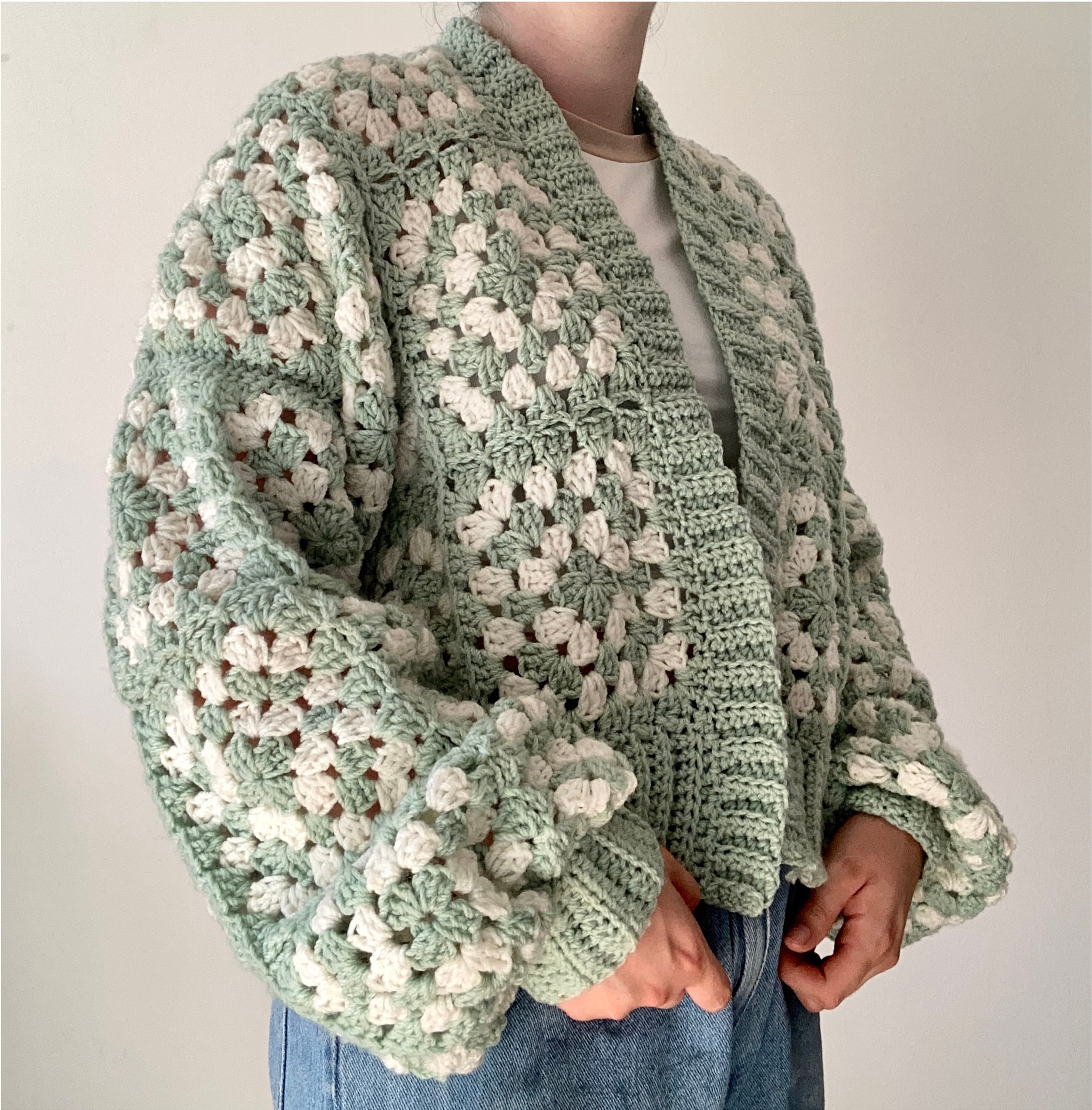 crocheted granny square cardigan