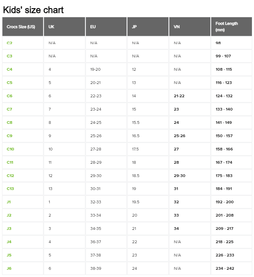 crocs size chart