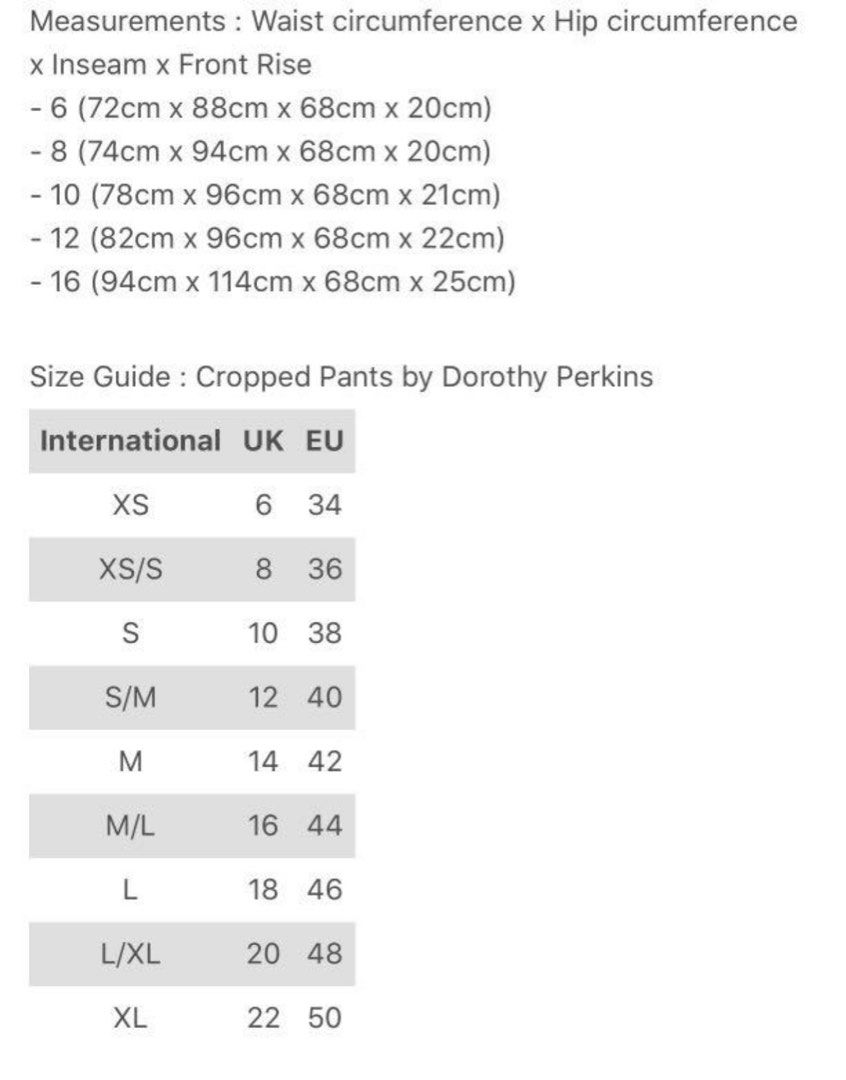 dorothy perkins pants size chart