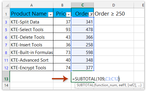 excel sum without hidden cells