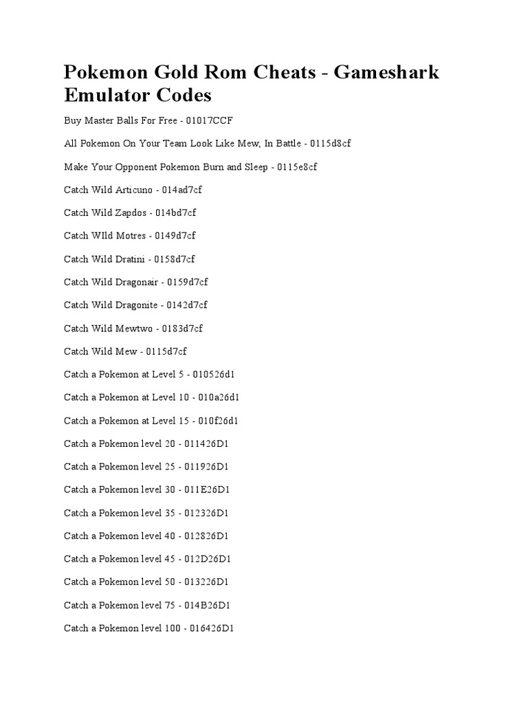 pokemon silver gameshark codes