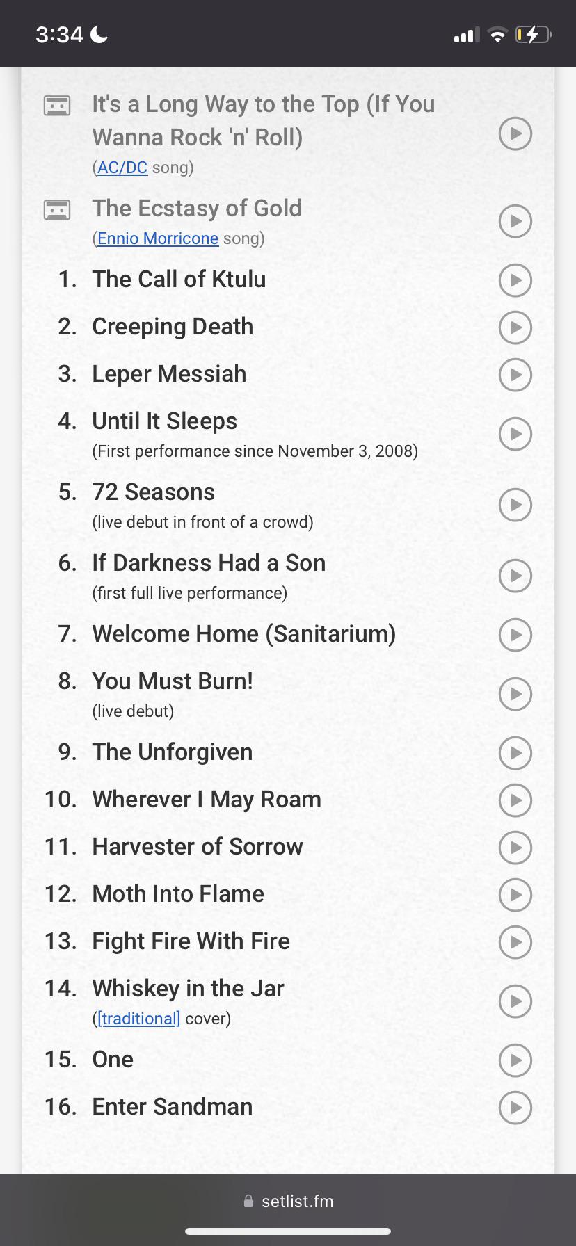 metallica setlist