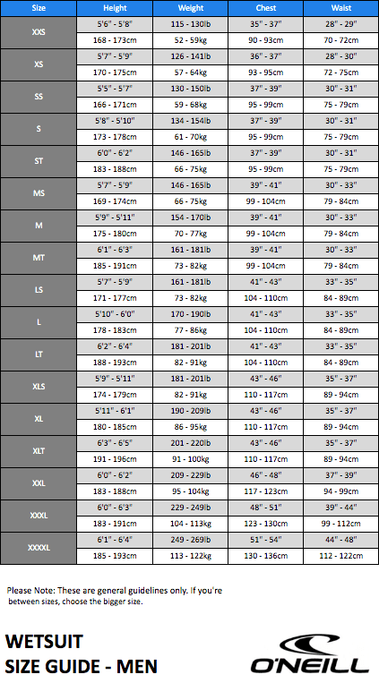 o neill size chart