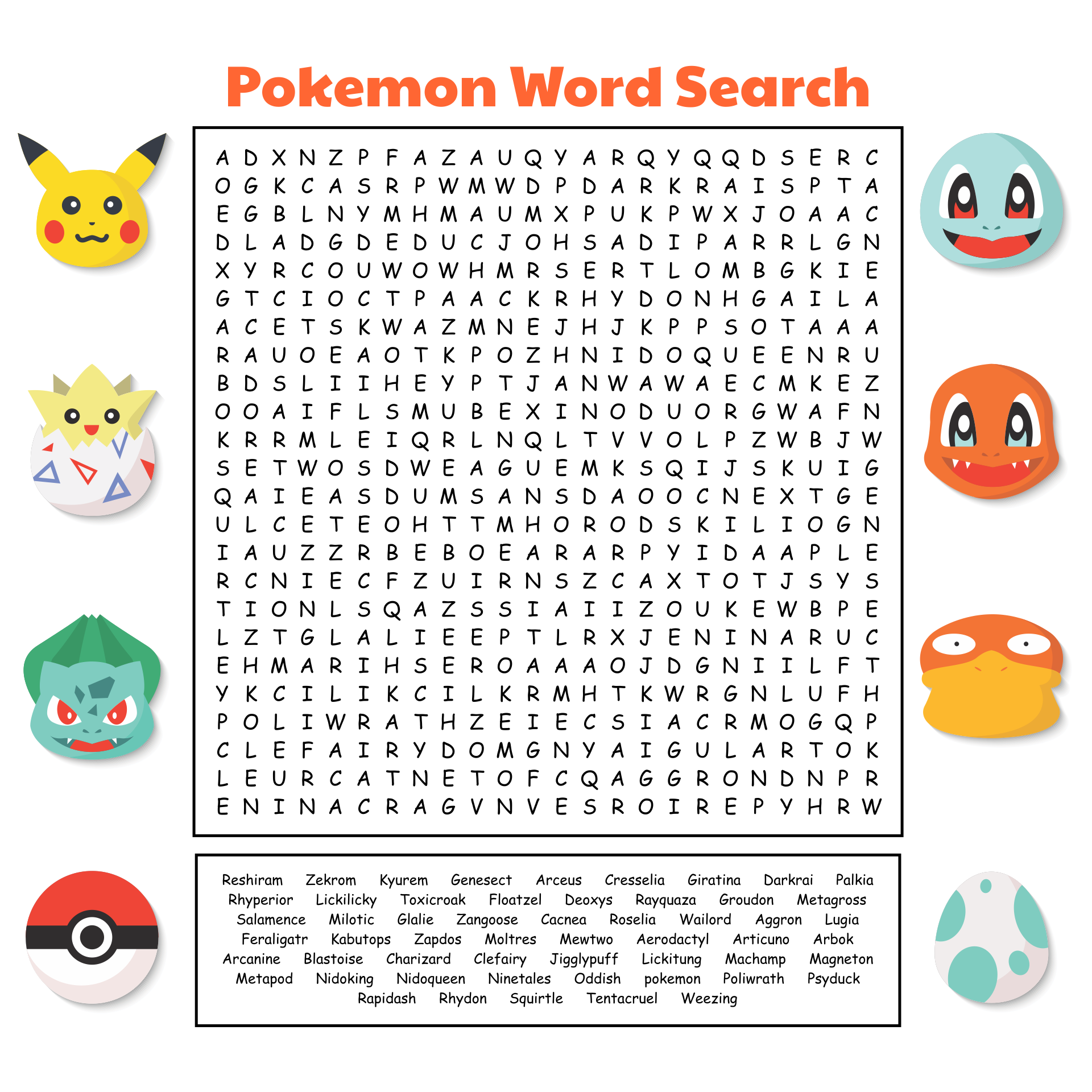 easy pokemon word search