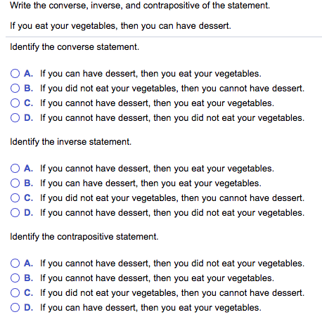 write the converse inverse and contrapositive of the statement