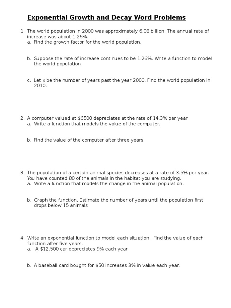 exponential decay word problems worksheet