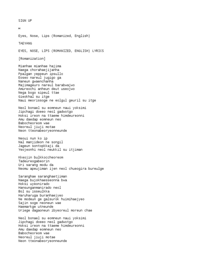 eye nose lips lyrics english