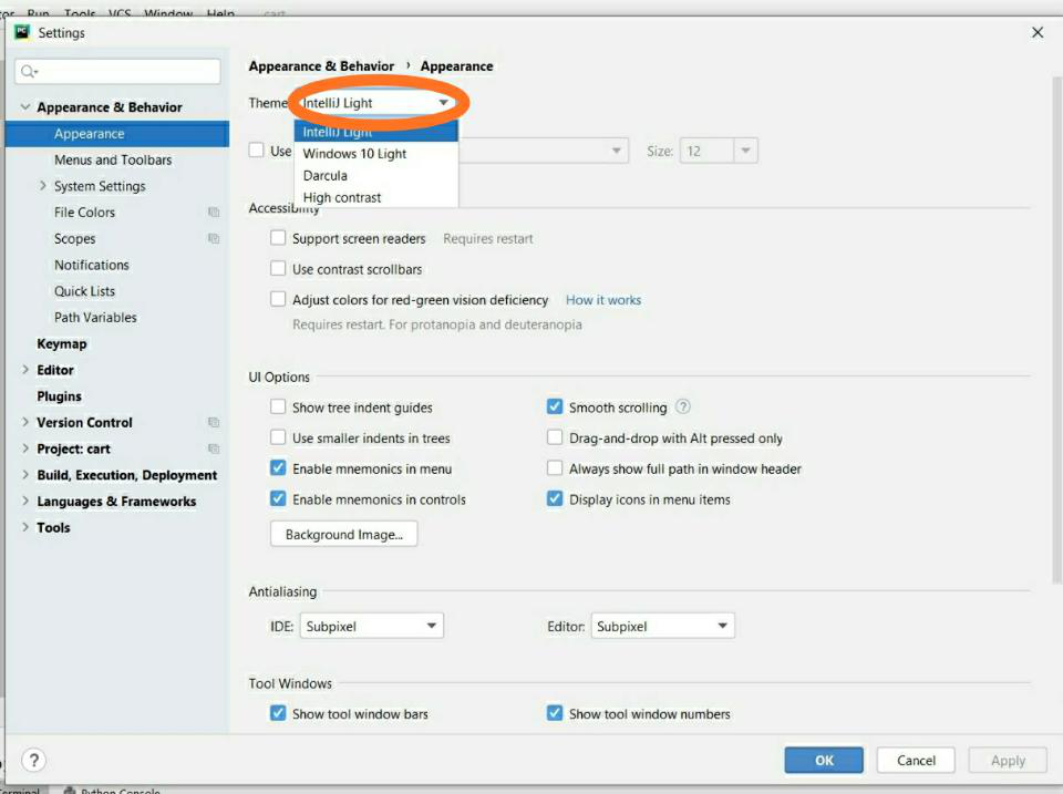 how to change pycharm theme