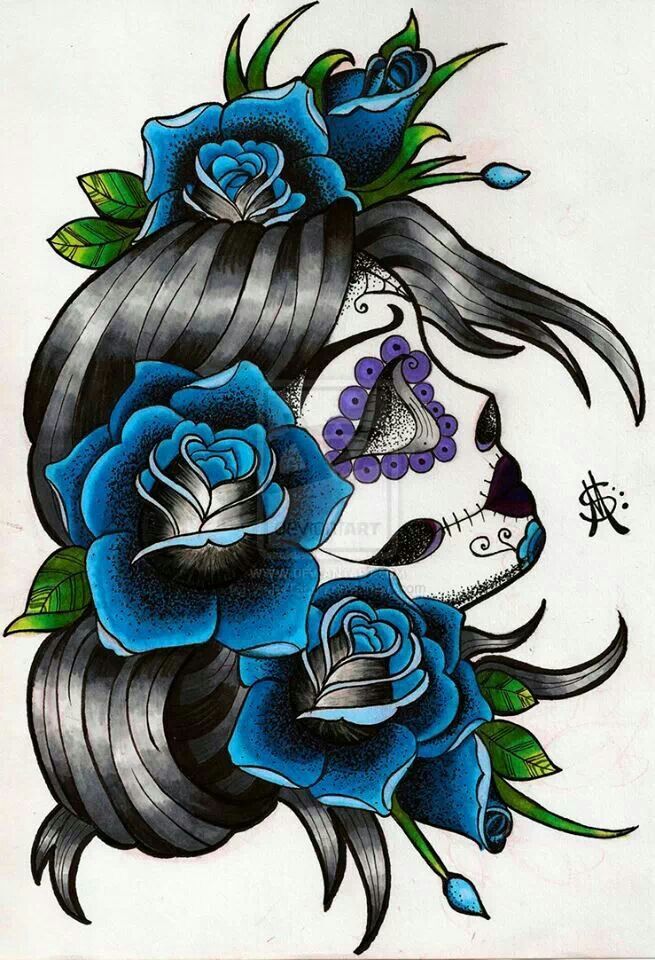 blue rose skull tattoo
