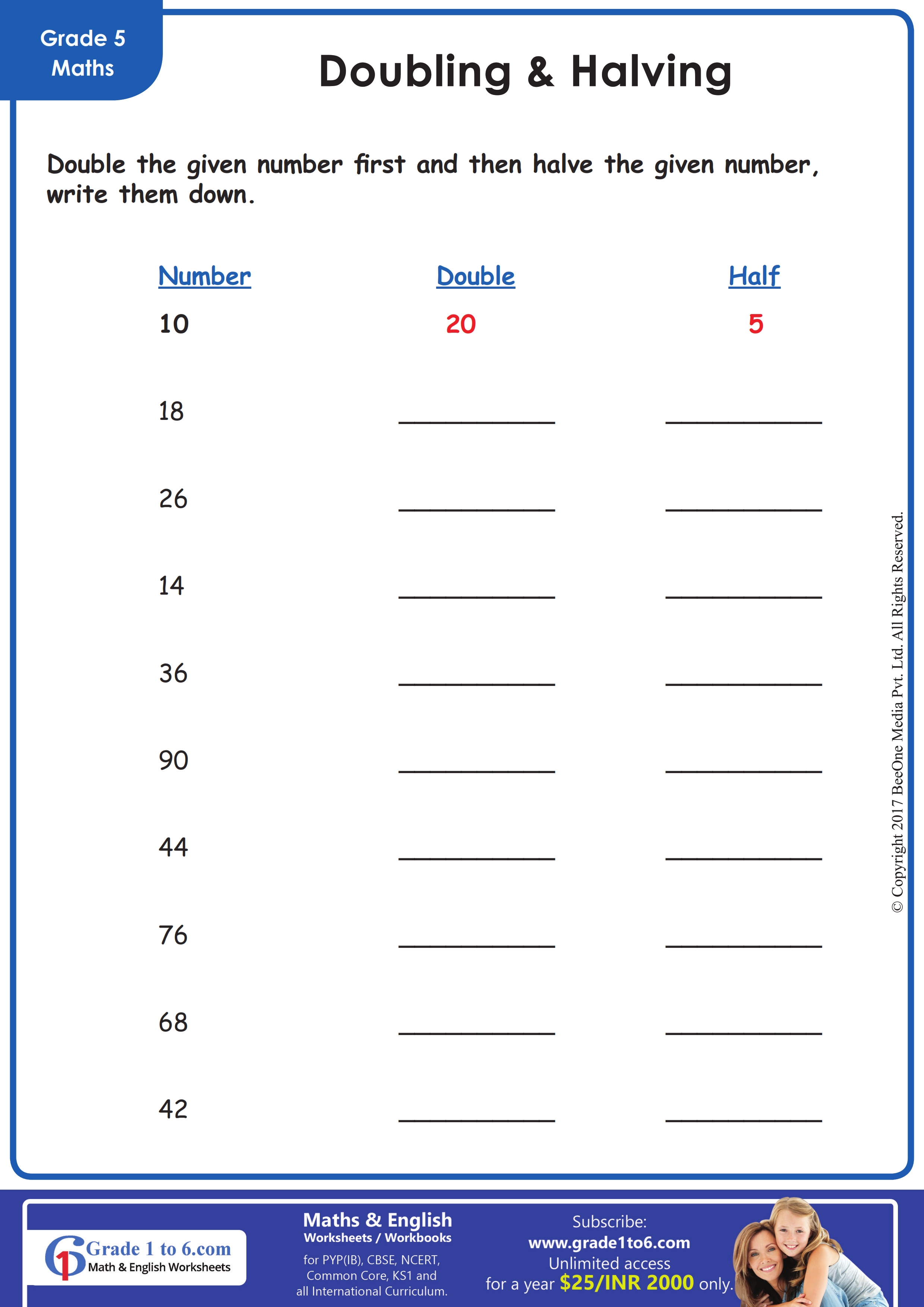doubling and halving worksheets
