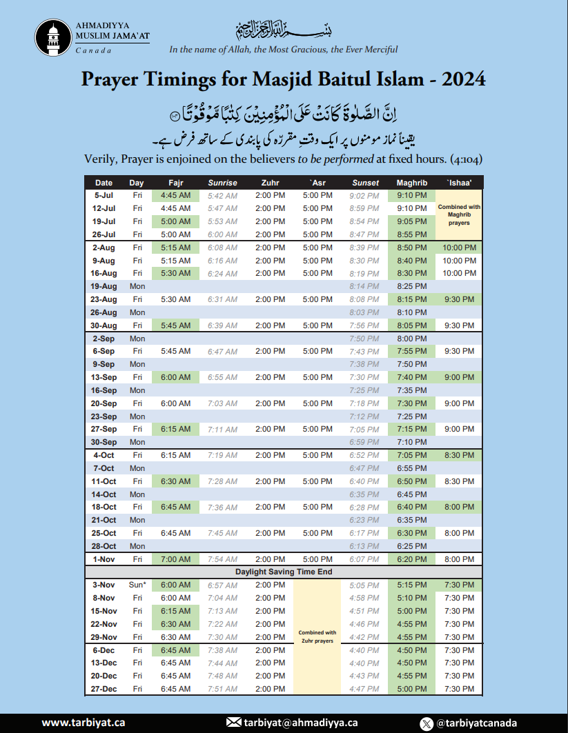 ahmadiyya prayer timings