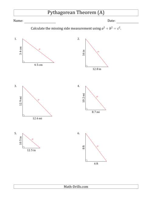 find the hypotenuse of a right triangle worksheet