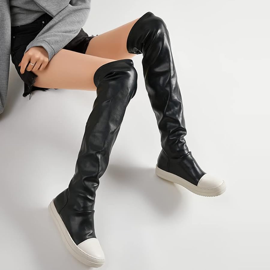 flat thigh high boots leather
