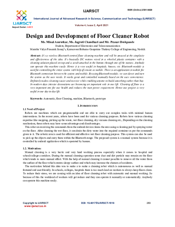floor cleaning robot project report pdf